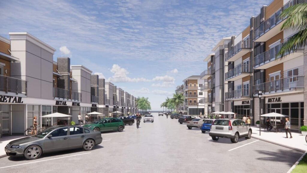An architectural rendering shows the concept behind DeBary’s planned Main Street district with apartments, retail establishments and townhomes. (Courtesy City of DeBary)