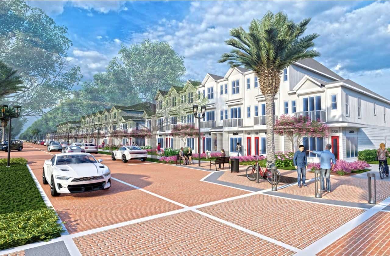 An architectural rendering shows the concept behind DeBary’s planned Main Street district with apartments, retail establishments and townhomes. (Courtesy City of DeBary)