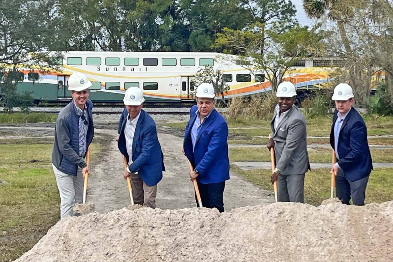 Art Falcone (second from left) with other leaders and developers break ground on a new DeBary Main Street district, January 24, 2024. (Falcone Group)