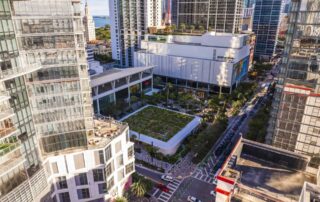 Miami Worldcenter aerial view highlighting the Apple Store and surrounding garden