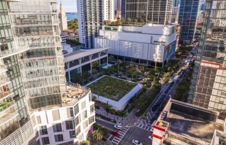 Miami Worldcenter aerial view highlighting the Apple Store and surrounding garden