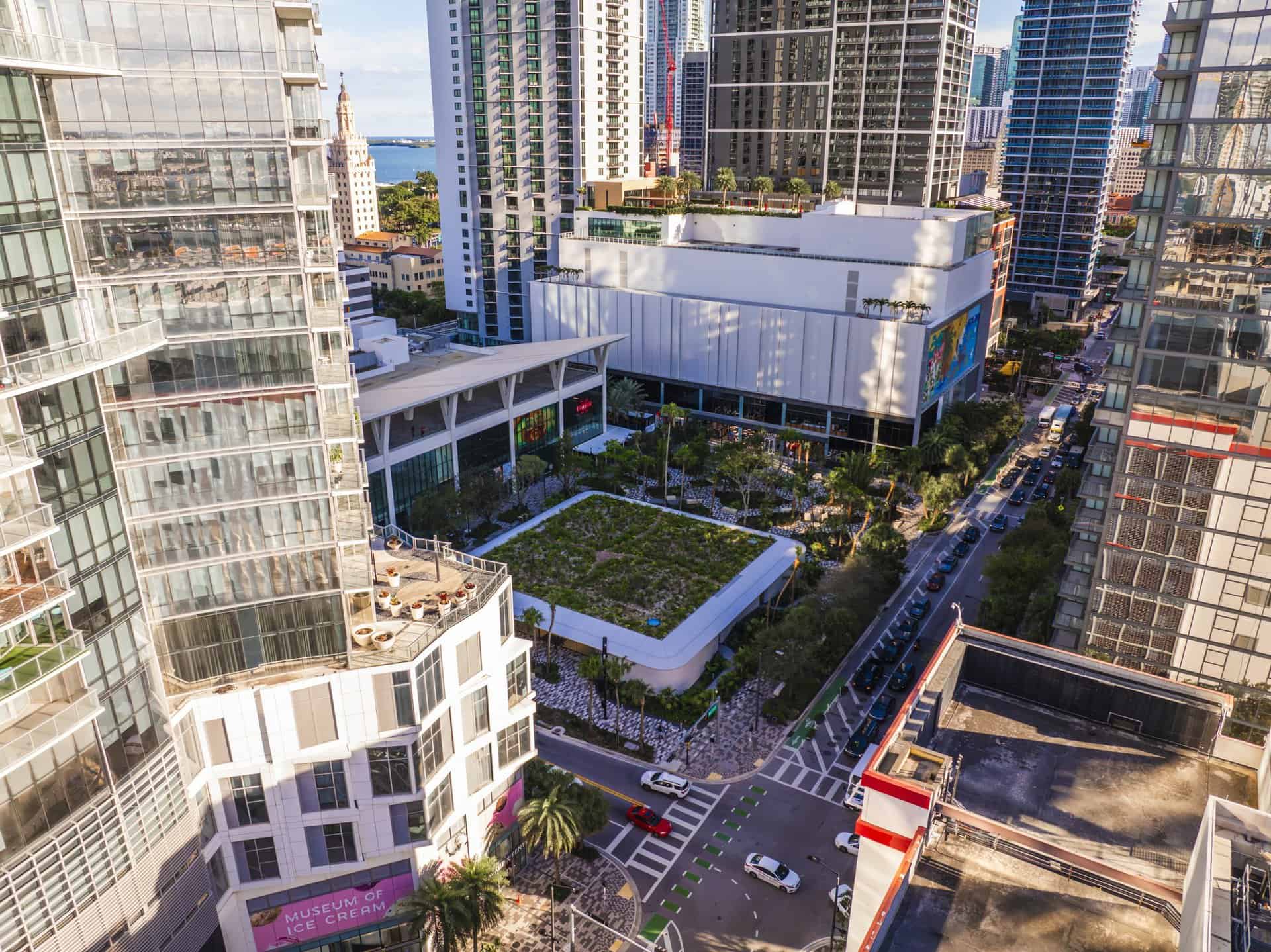 Miami Worldcenter aerial view highlighting the Apple Store and surrounding garden