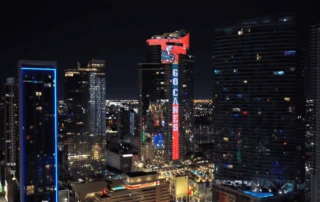 Paramount Miami Worldcenter lit up with “Go Canes” in support of the Miami Hurricanes in the College Football Championship.