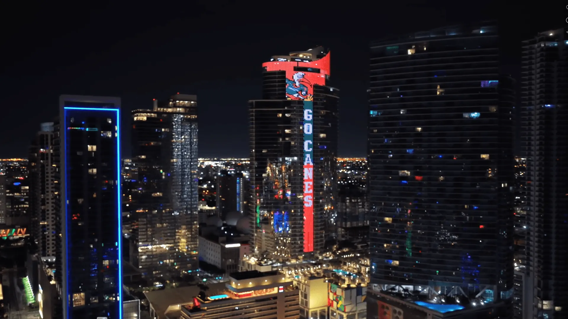 Paramount Miami Worldcenter lit up with “Go Canes” in support of the Miami Hurricanes in the College Football Championship.