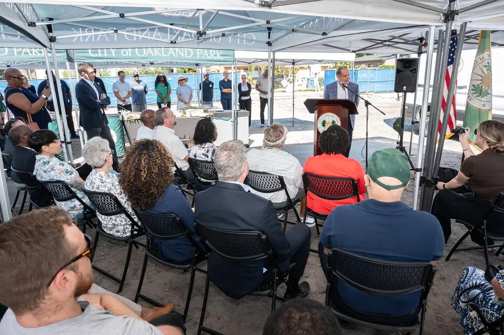 Falcone Group Executive Chairman Art Falcone speaks at the groundbreaking of Greenleaf Park in downtown Oakland Park, Florida