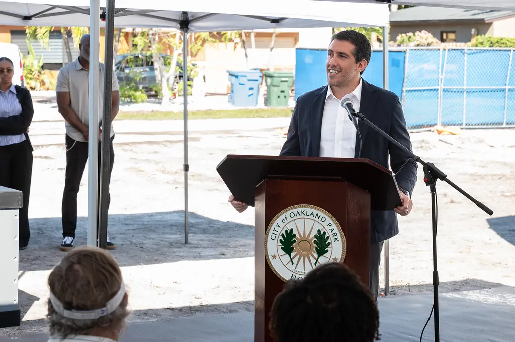 Falcone Group COO Alfonso Costa Jr. speaks at the groundbreaking of Greenleaf Park in downtown Oakland Park, Florida
