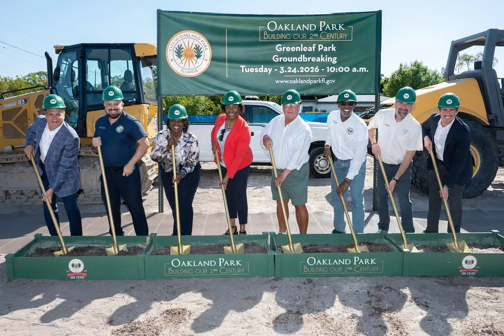 Greenleaf Park groundbreaking in Oakland Park, FL - Falcone Group and city officials pose with shovels