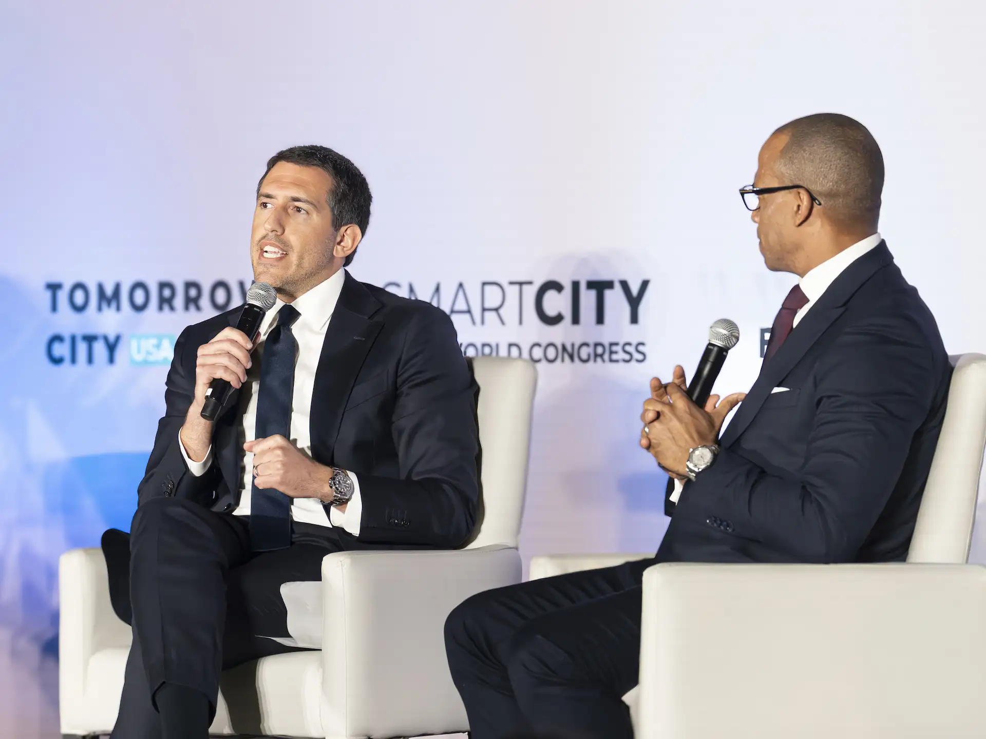 Falcone Group COO Alfonso Costa Jr. and U.S. Secretary of Housing and Urban Development Scott Turner speak at the 2026 Tomorrow City USA Conference.