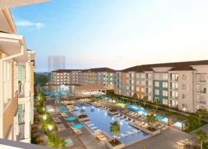 Margaritaville Vacation Residences Myrtle Beach by AmeriCraft Homes — Rendering of balcony and pool