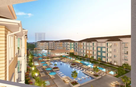 Margaritaville Vacation Residences Myrtle Beach Margaritaville Vacation Residences Myrtle Beach by AmeriCraft Homes — Rendering of balcony and pool