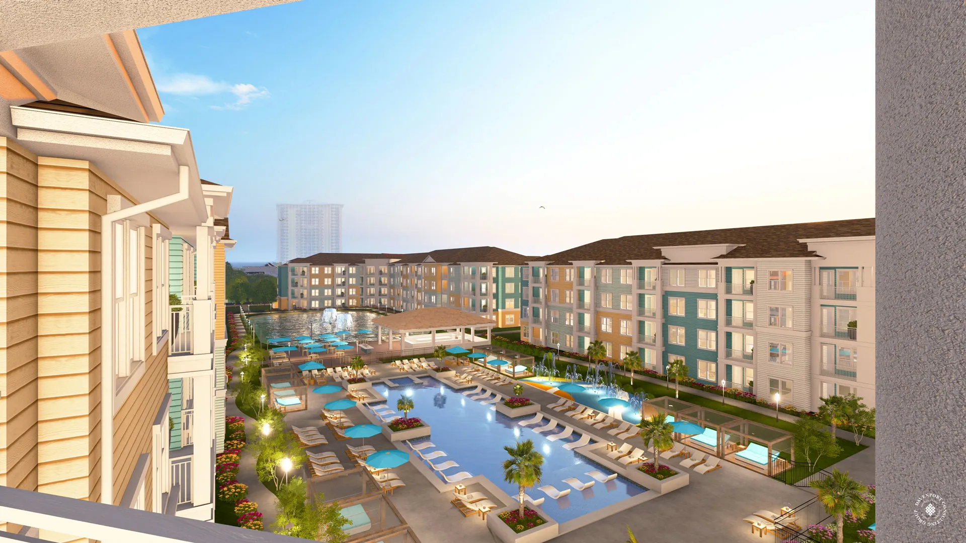 Margaritaville Vacation Residences Myrtle Beach Margaritaville Vacation Residences Myrtle Beach by AmeriCraft Homes — Rendering of balcony and pool